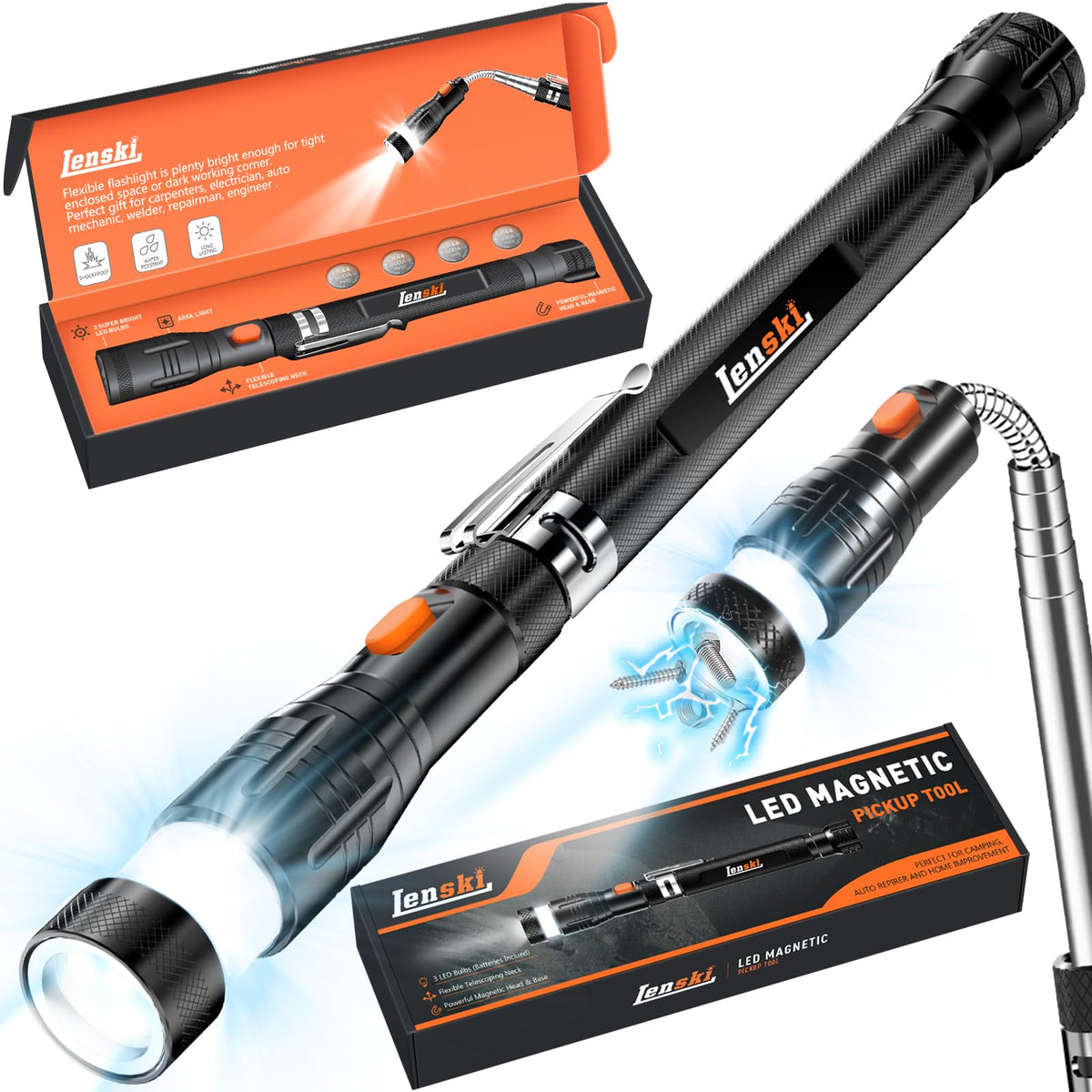 Lenski flexible magnetic pickup tool with LED extends into tight spaces for easier pickup.