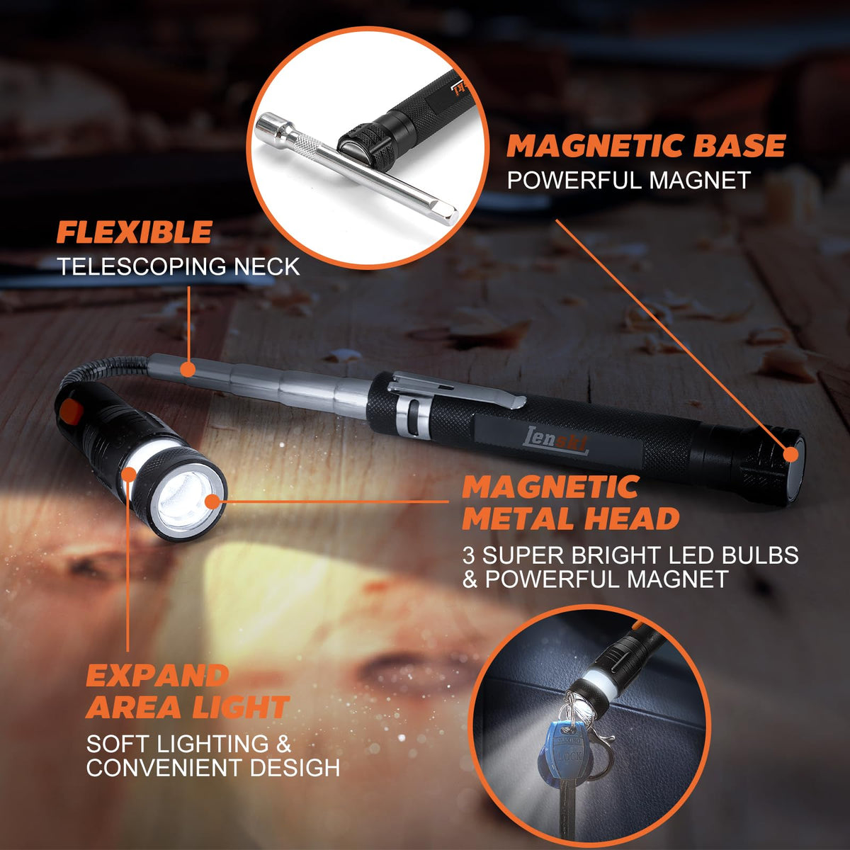 Lenski magnetic base frees hands while illuminating the workspace.