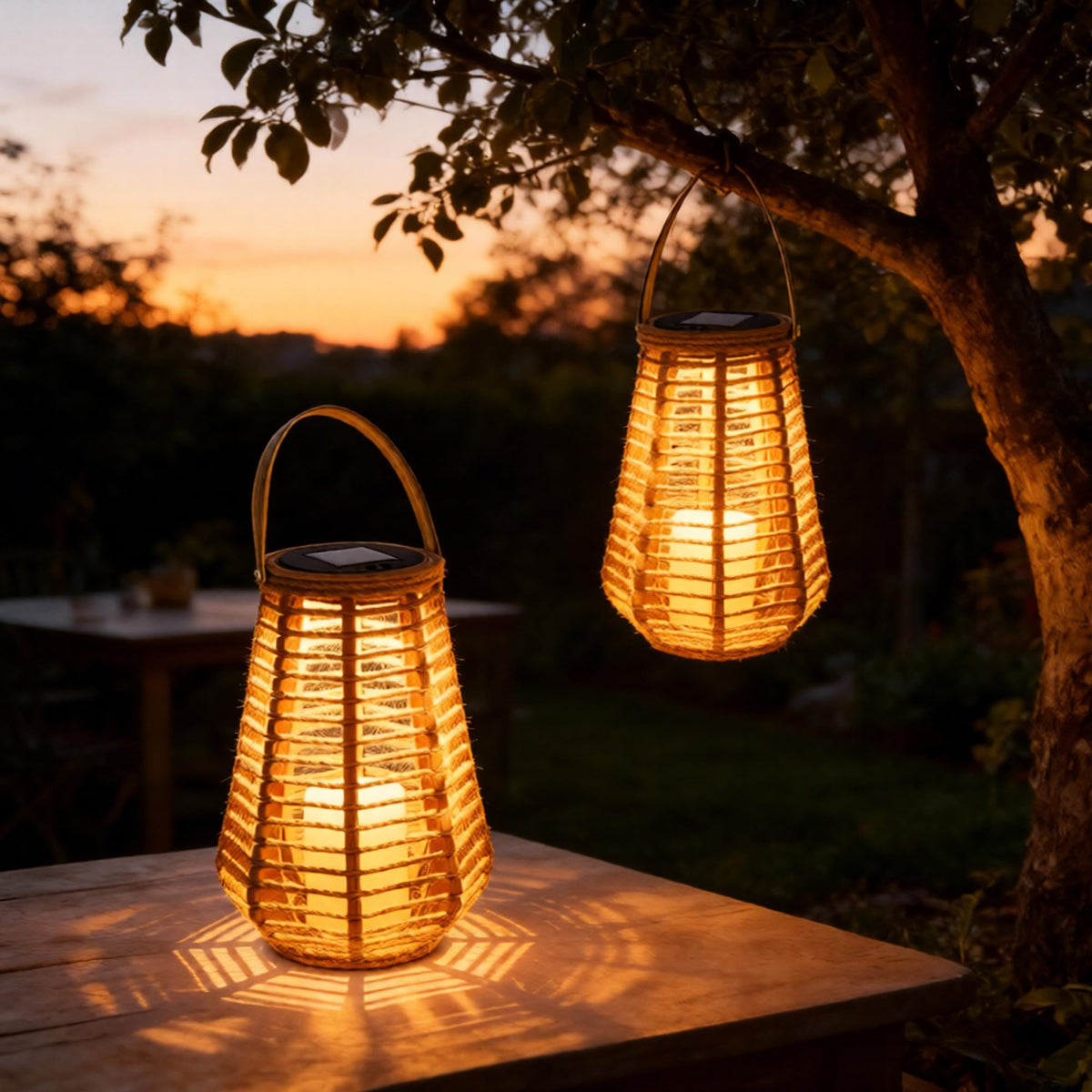 LEOKED vase-style solar lantern with handle for garden table decor at dusk.