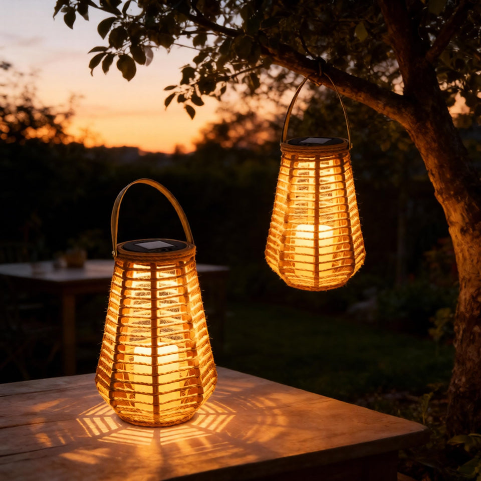 LEOKED vase-style solar lantern with handle for garden table decor at dusk.