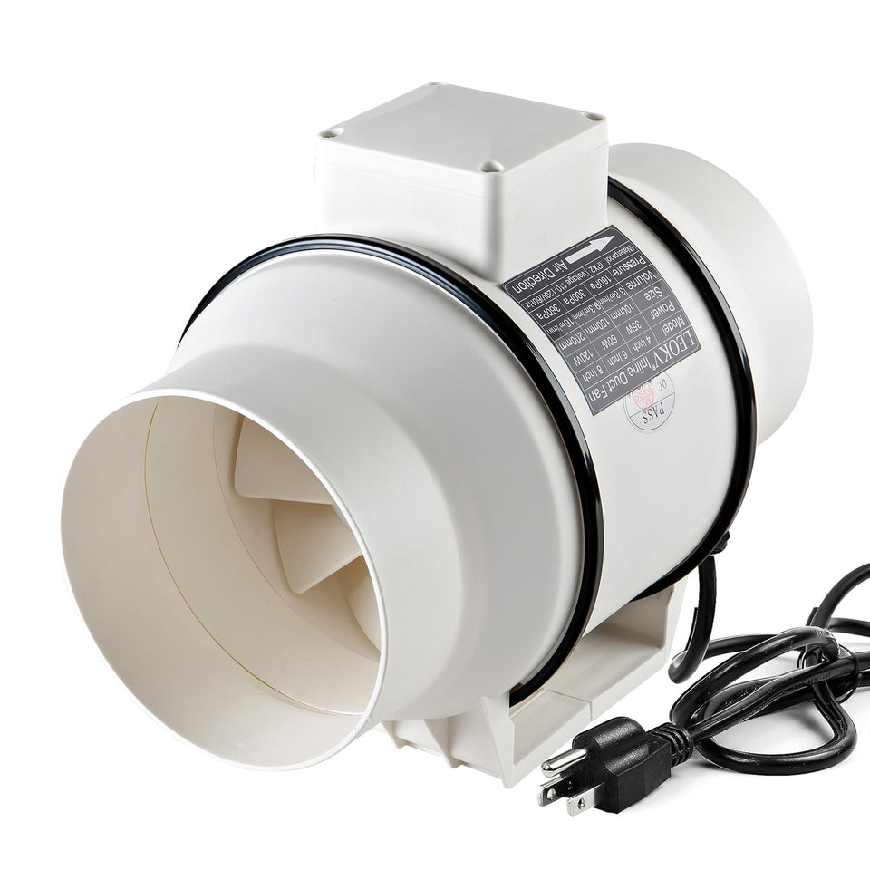 LEOKV 6-inch inline exhaust fan front view showing sturdy housing and strong airflow