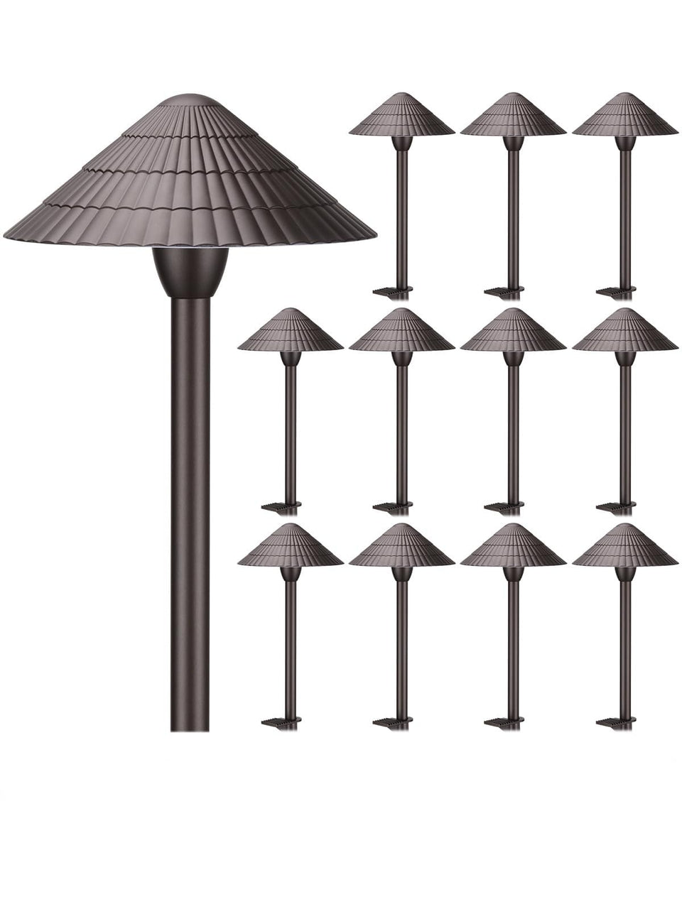 LEONLITE 12-pack landscape lights illuminate outdoor pathways in oil-rubbed bronze.