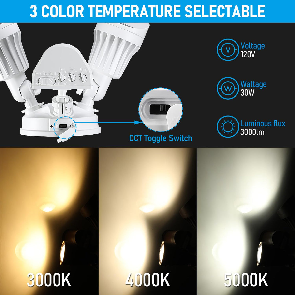 LEONLITE 3CCT security light side view showing durable aluminum body.