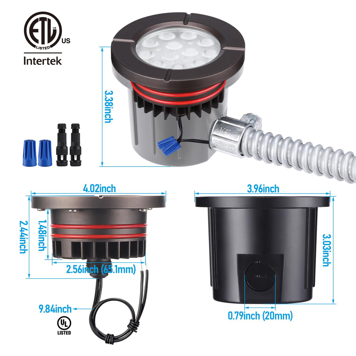 LEONLITE Dia. 4-Inch well light 12-24V compatibility for flexible low-voltage setups.