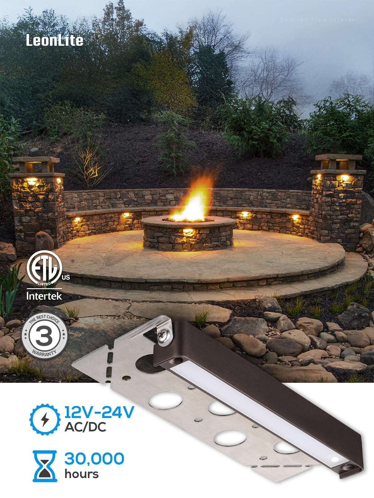 LEONLITE high-CRI 90 lighting highlights garden features at dusk.