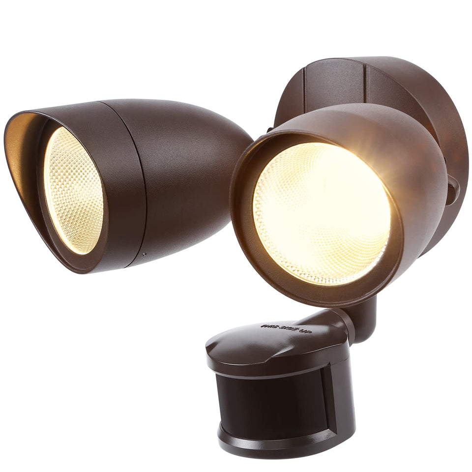 LEONLITE motion sensor flood light bronze front view demonstrates bright security lighting.