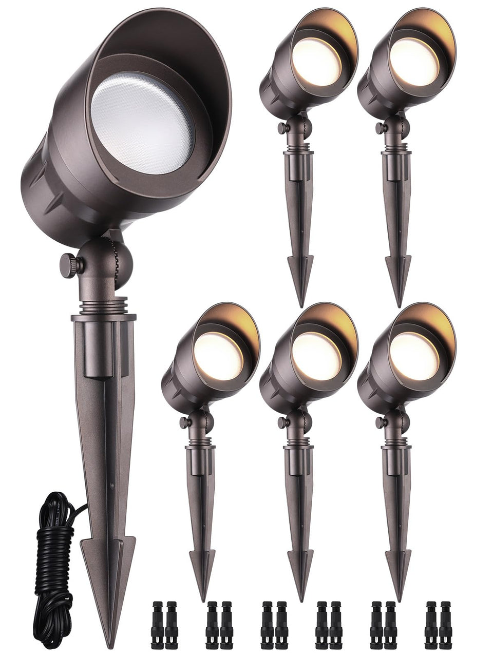 LEONLITE pack of six landscape spotlights illuminates outdoor spaces with safe low voltage lighting.