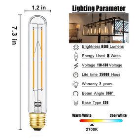 Leools 4-pack T10 LED bulb, side view, 8W dimmable warm white illumination.