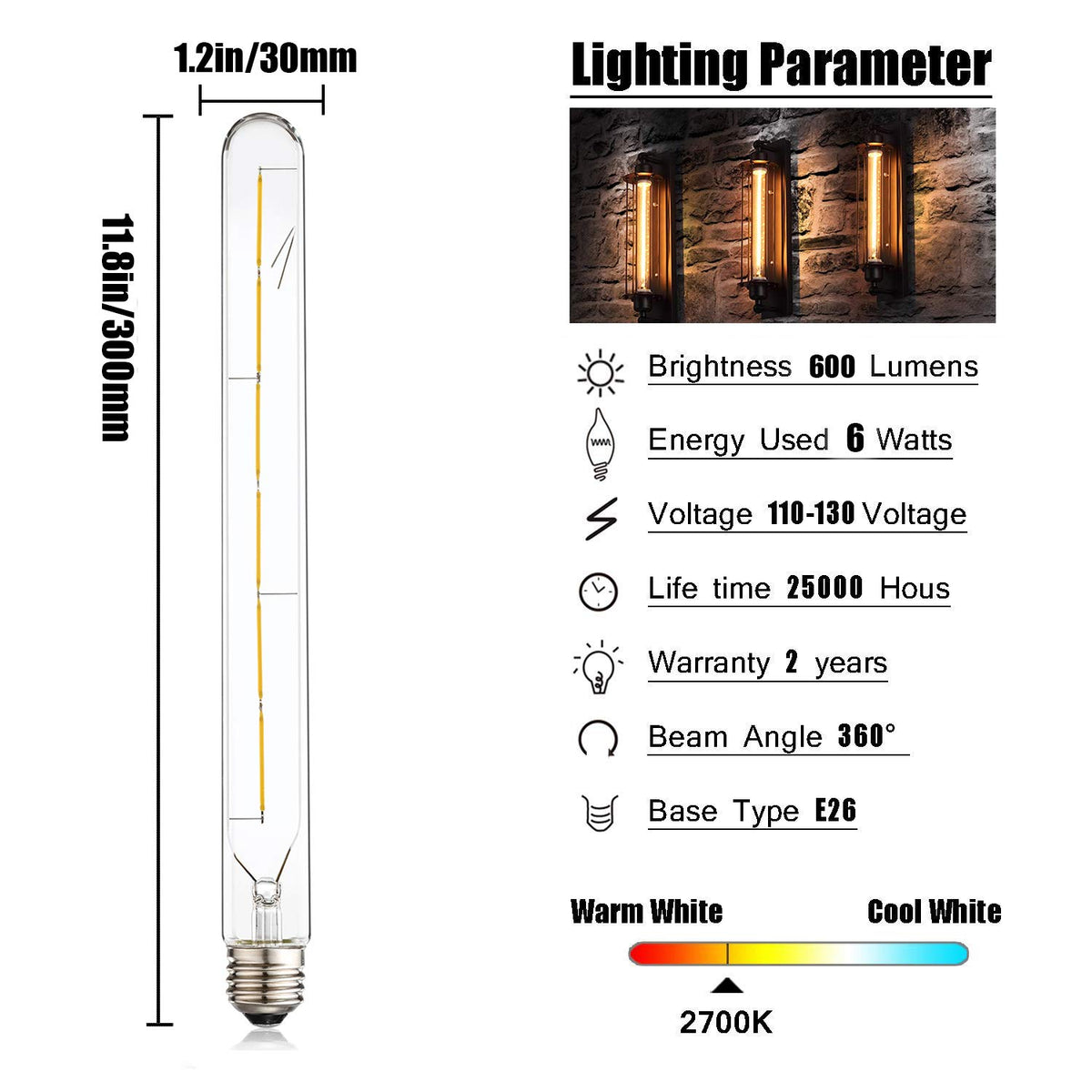 Leools 6W dimmable T300 Edison bulb shown in architectural close-up.