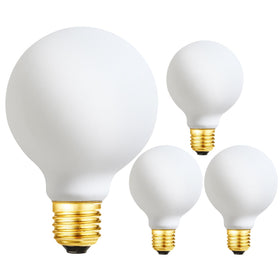 Leools dimmable G25 LED globe bulb in frosted finish showing soft glow for all fixtures.