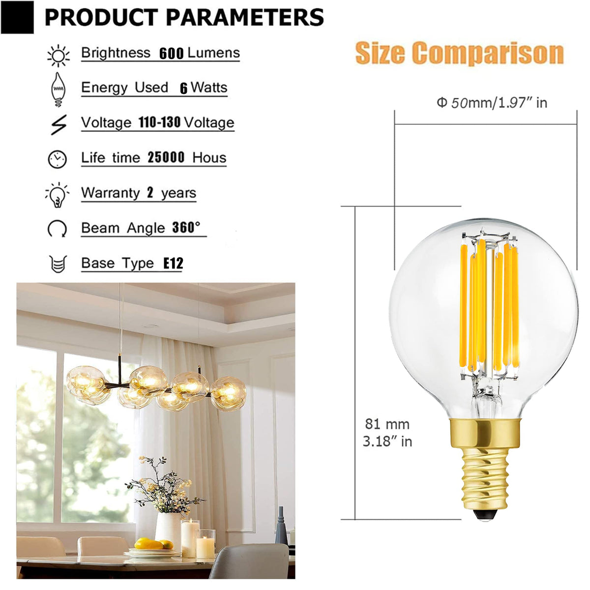 Leools e12 candelabra base 60W-equivalent brightness in soft glow
