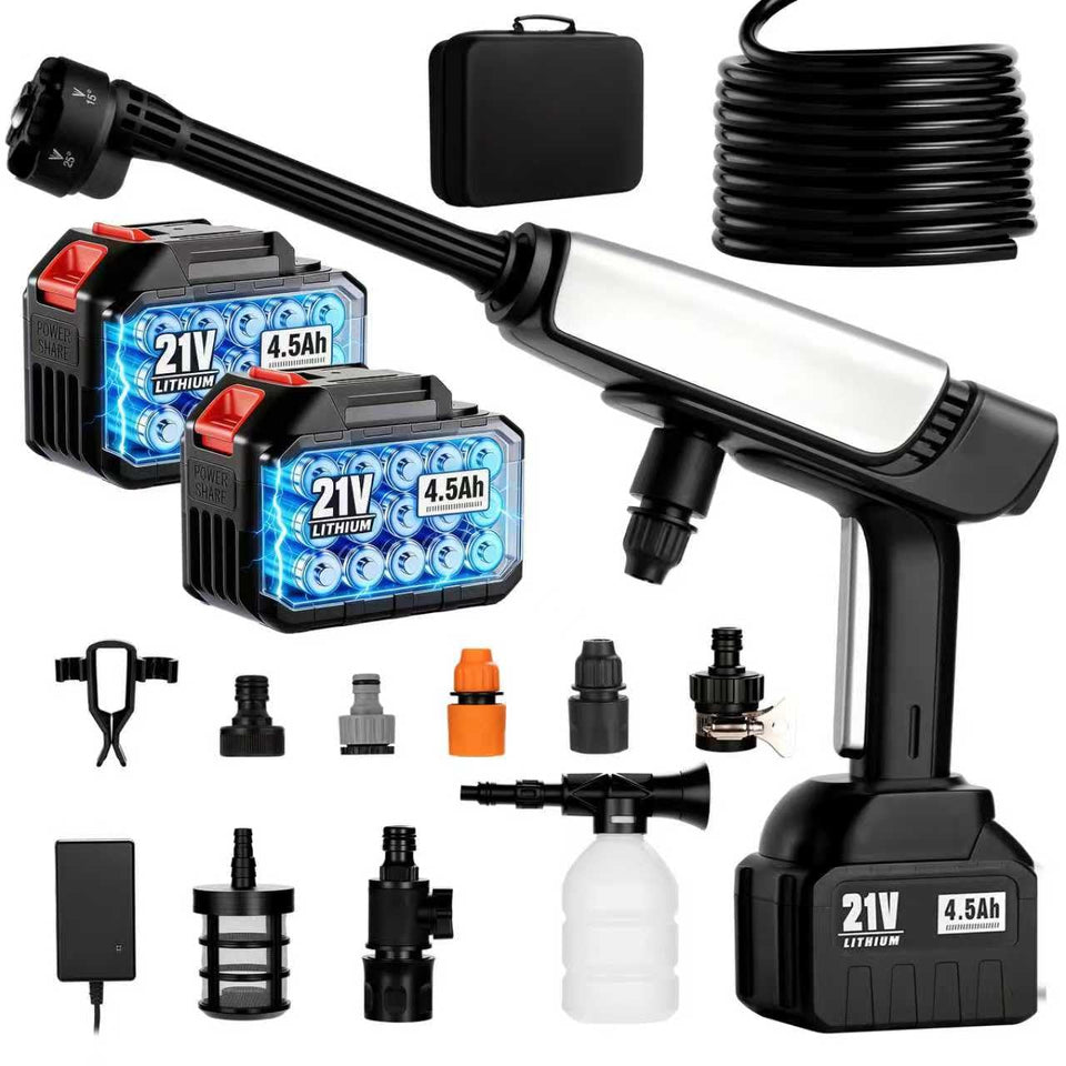 LEOTER cordless pressure washer portable body cleaning a car.