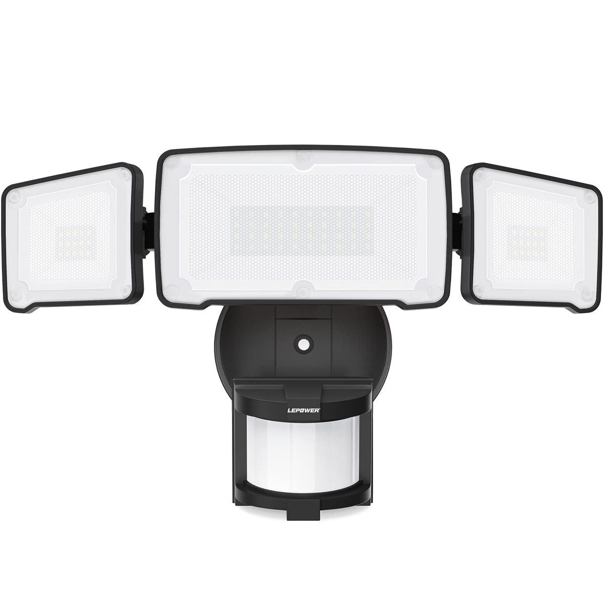 LEPOWER 3-head motion light viewed from front showing three adjustable lamps for wide coverage.