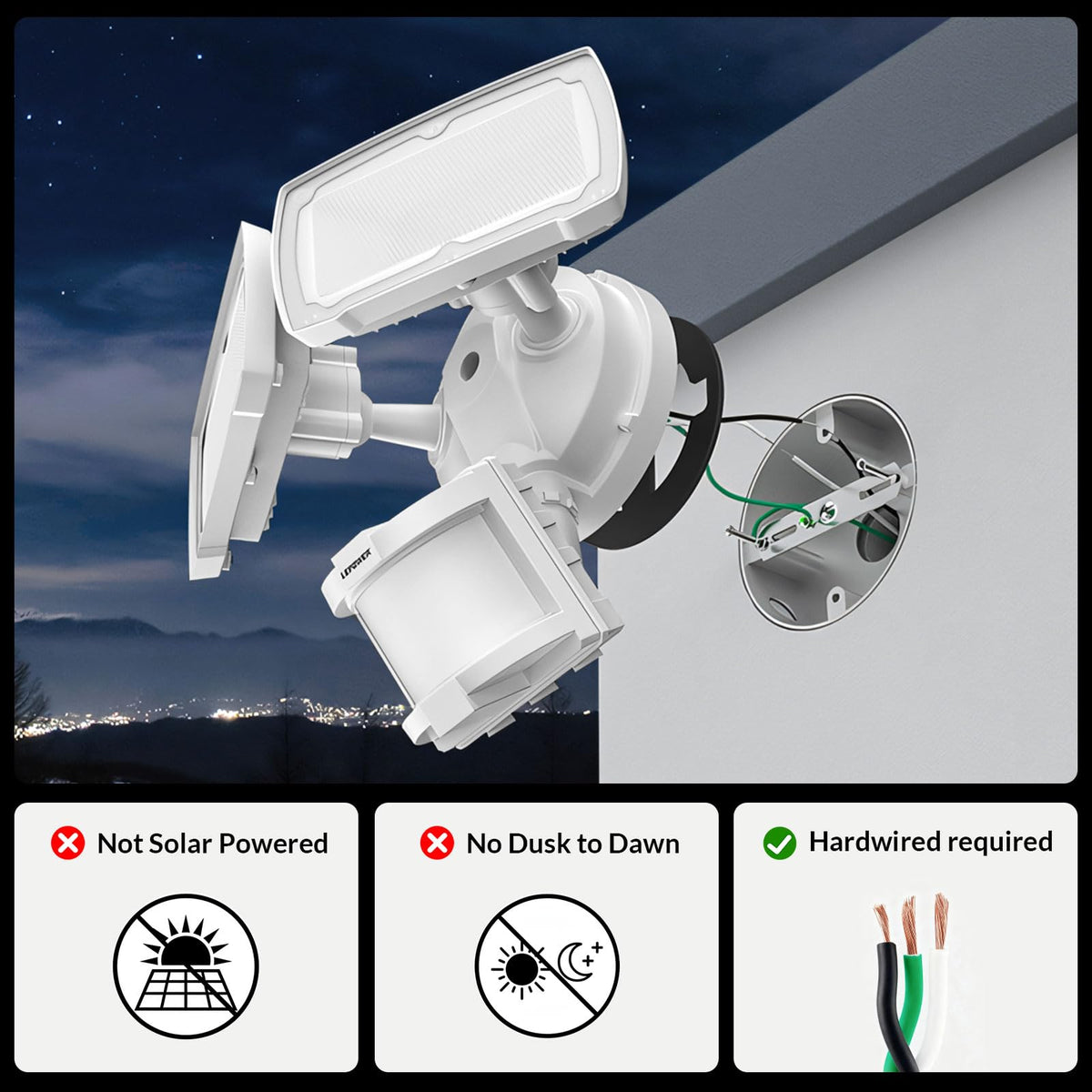 LEPOWER 30W security light with two adjustable heads for flexible lighting.