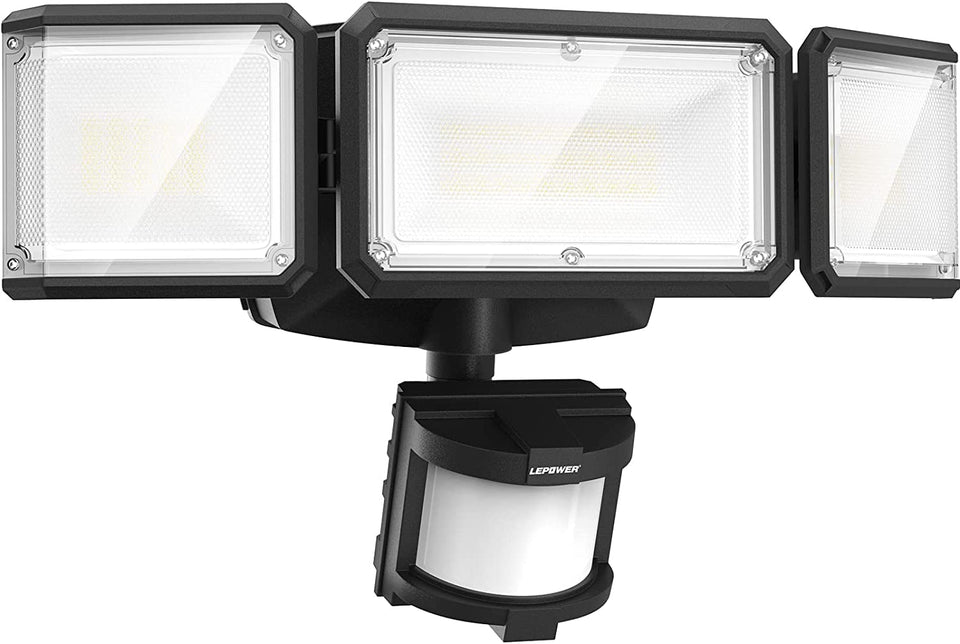 LEPOWER battery powered flood light mounted on wall with three heads for flexible lighting