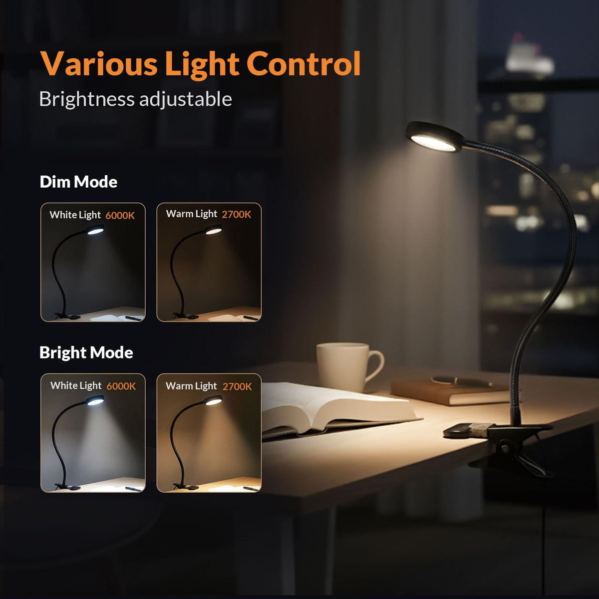 LEPOWER clip-on light with adjustable gooseneck for precise positioning