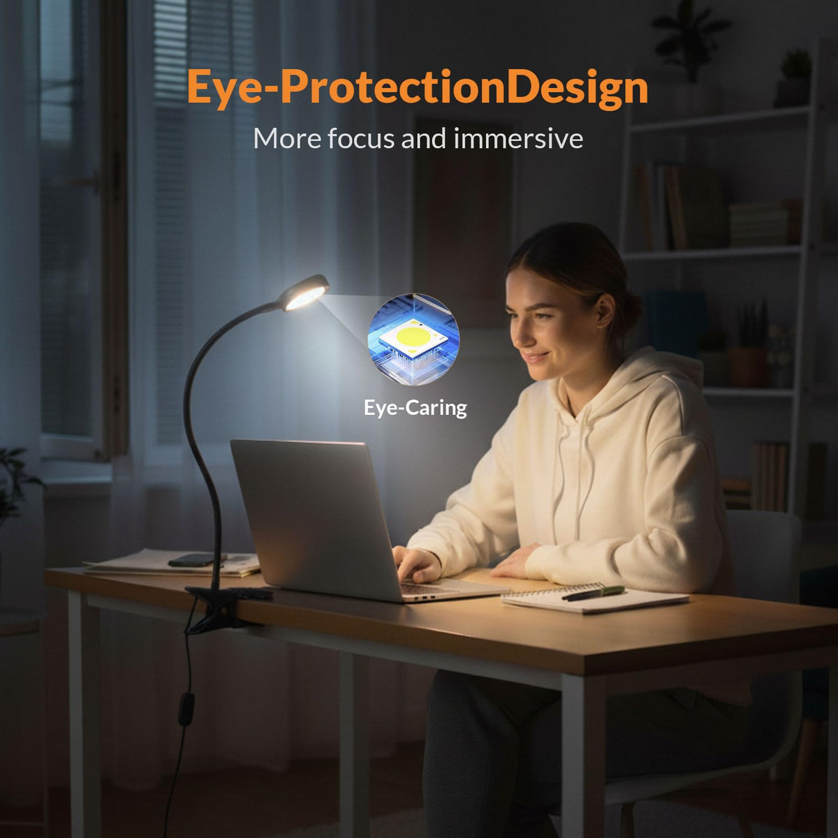LEPOWER desk clip light shown in a study setup