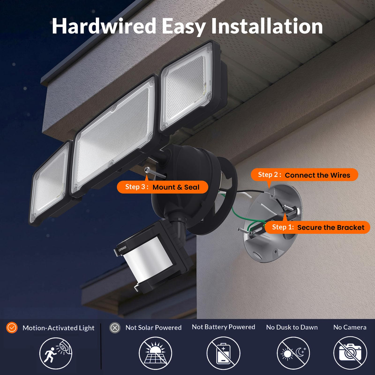 LEPOWER IP65 waterproof rating ensures rain and snow resistance in outdoor conditions.