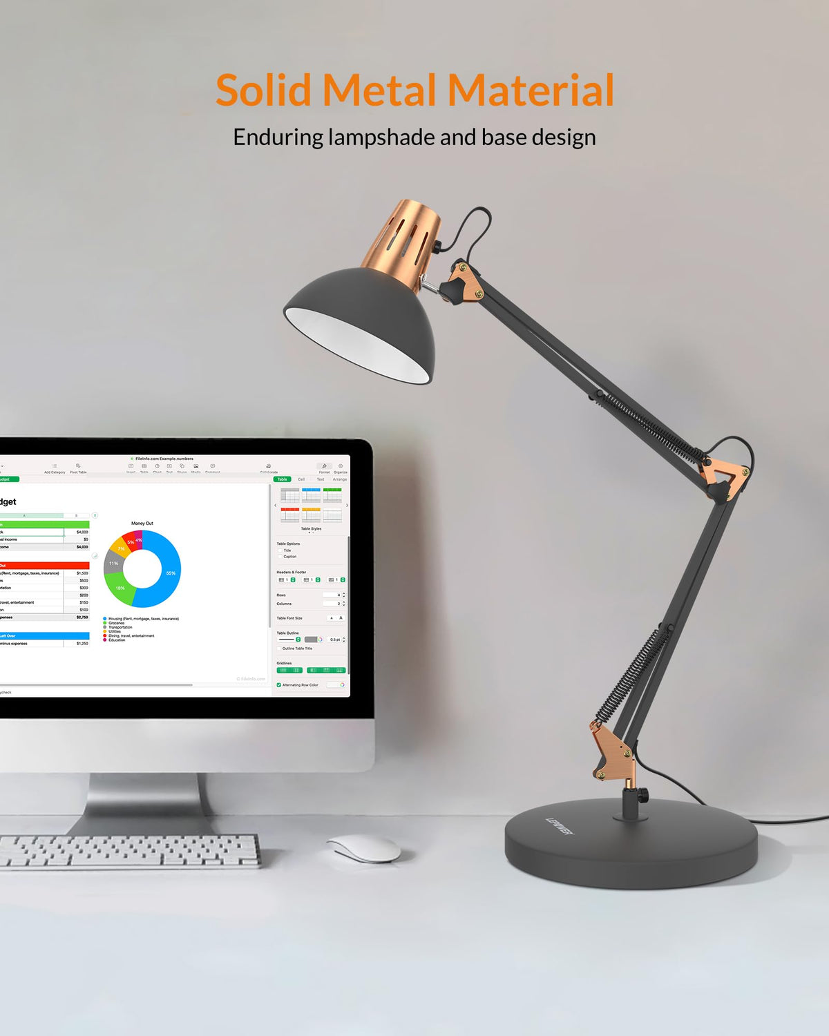 LEPOWER clamp-clip attaches securely to desks up to 2 inches.