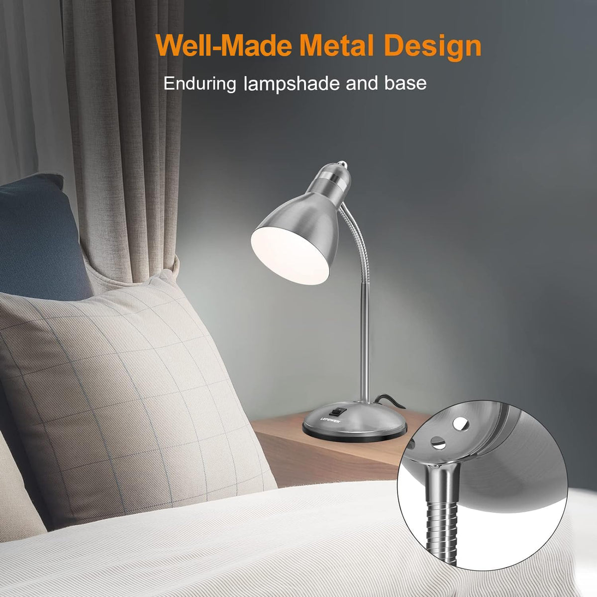 LEPOWER Goose neck Desk Lamp shows flexible arm for precise lighting angles.