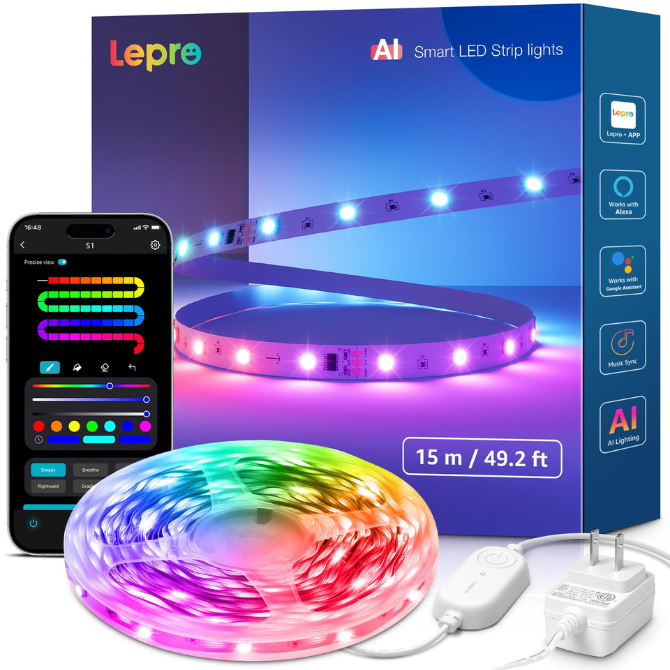 Lepro S1 AI LED strip lights in 50ft length for expansive room mood lighting.