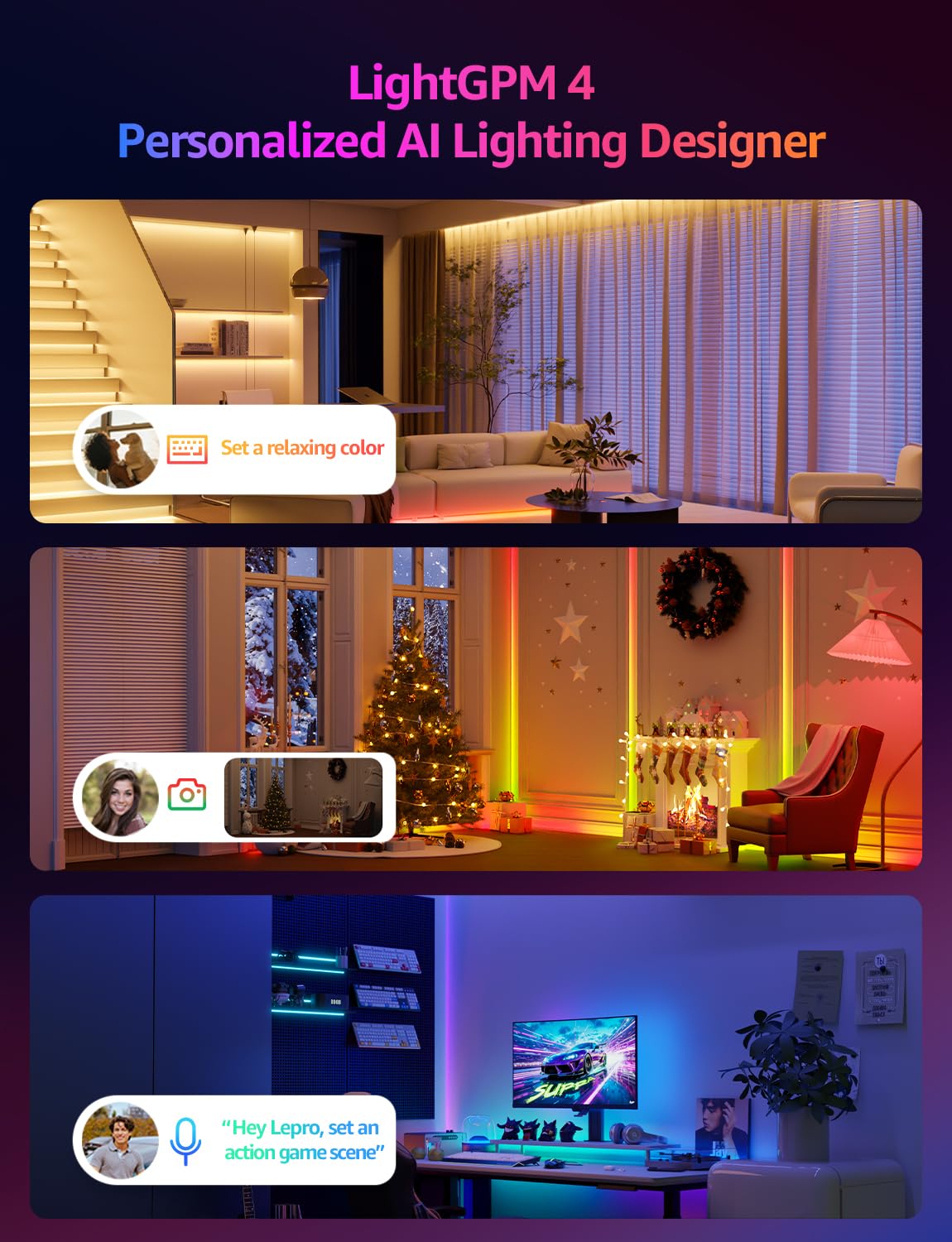 Lepro S1 AI LED strip with rainbow chasing RGBIC effect for vibrant ambience.