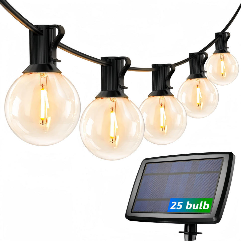 Lepro solar string lights illuminate a patio with energy-efficient ambiance
