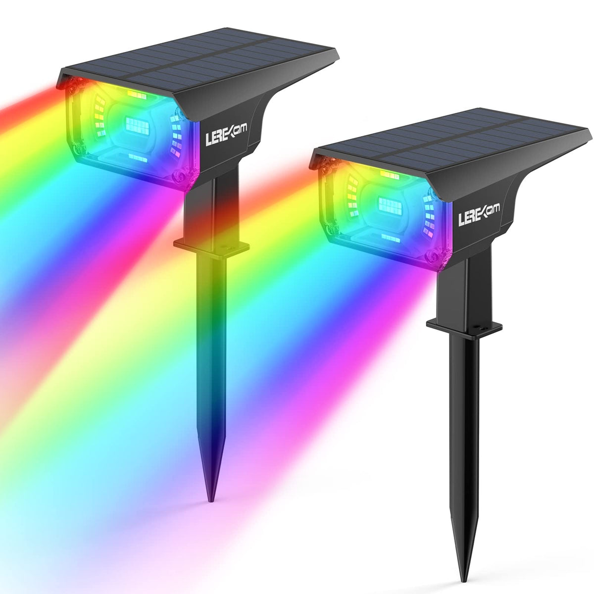 LEREKAM 40 LED solar outdoor lights lighting a path with vibrant colors