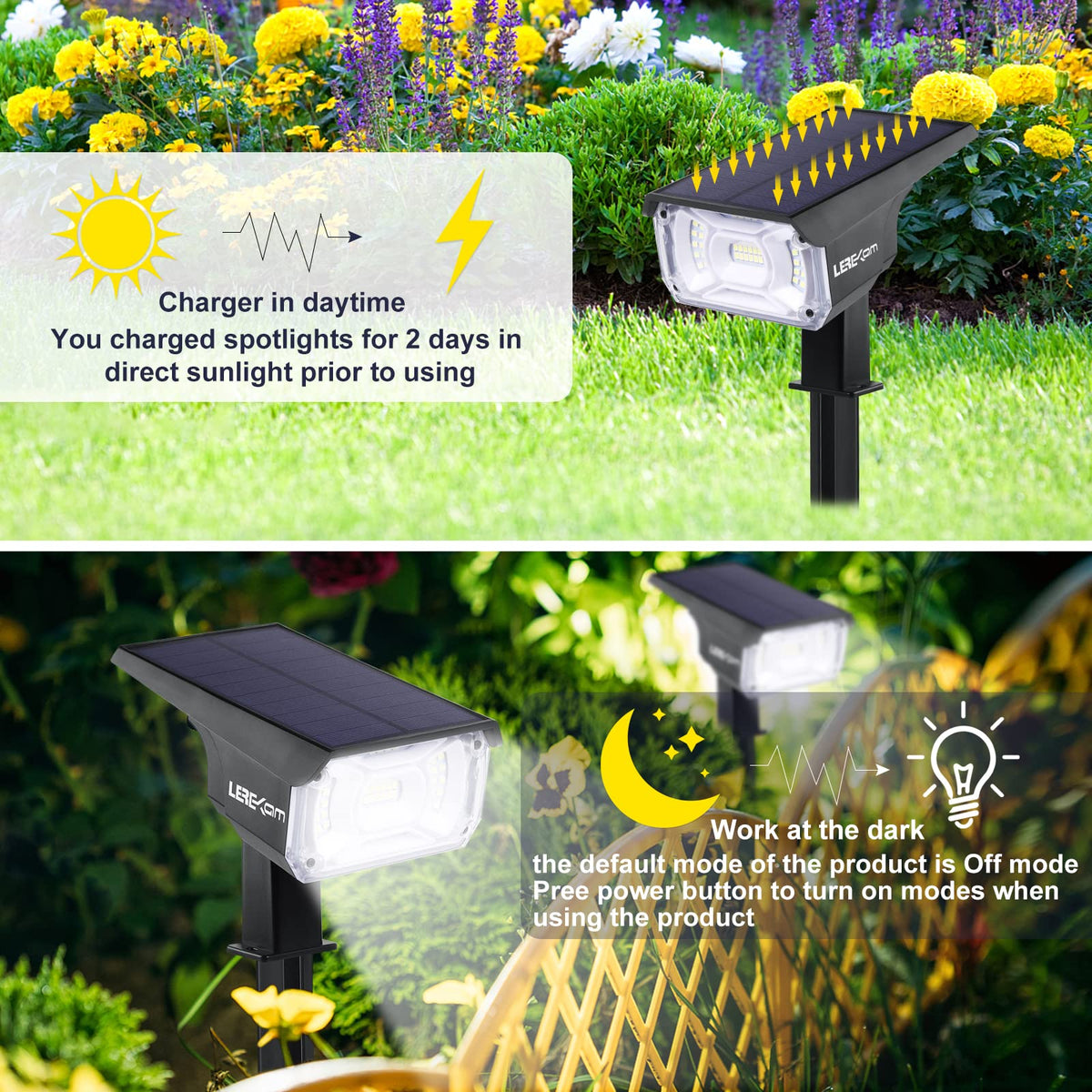 LEREKAM IP65 waterproof solar spotlights withstand all-weather use.