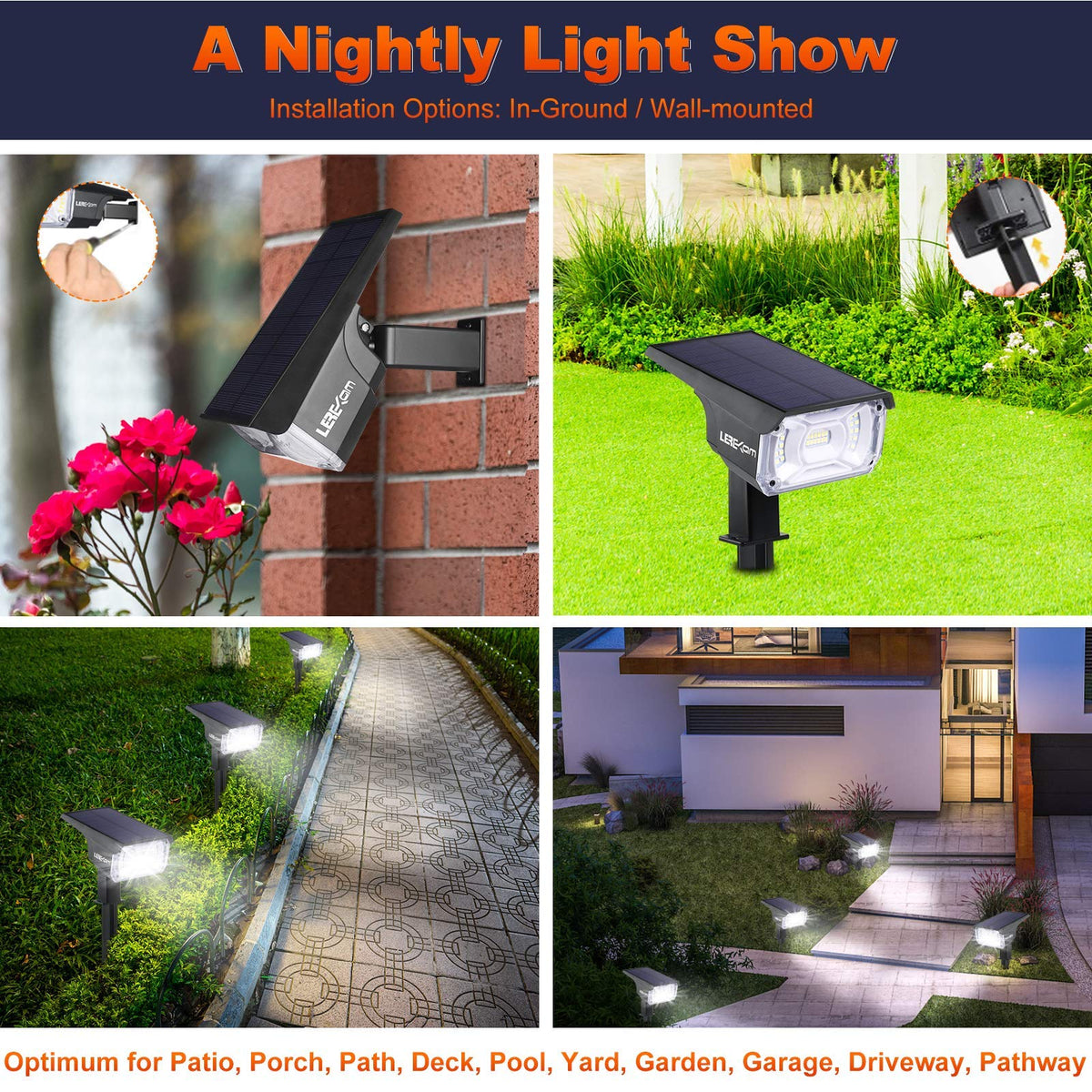 LEREKAM solar spotlights light a pathway with broad 360-degree coverage.