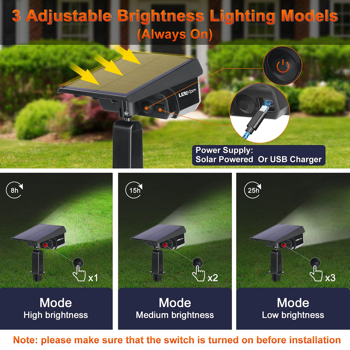 LEREKAM solar spotlights illuminate yard and garden beds for evening ambiance.