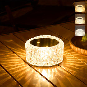 Leroxo Portable Crystal LED Table Lamp on desk provides warm reading light