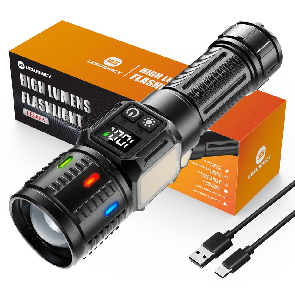 Lesusnicy rechargeable flashlight with 30W LED focus for long-range camping