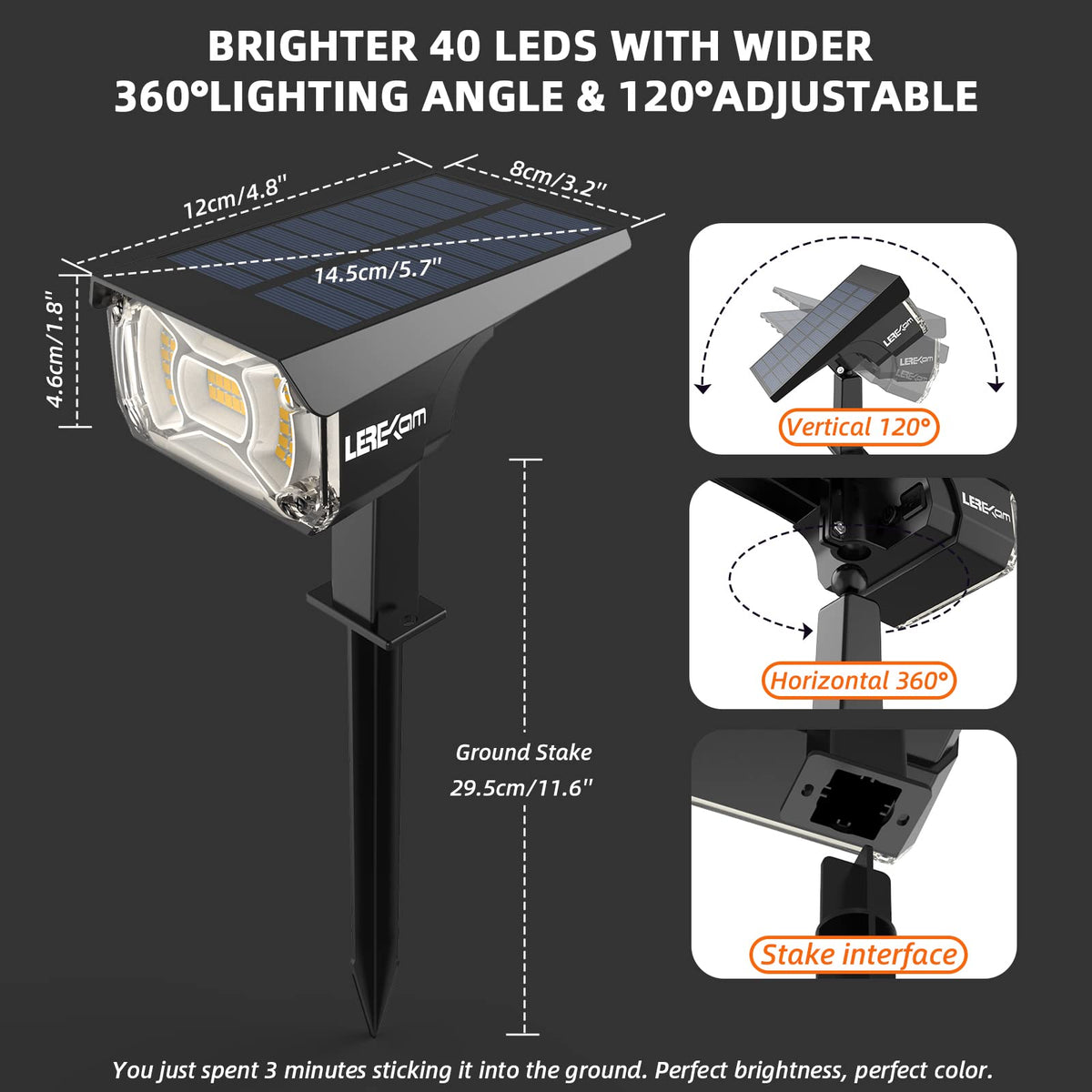 LEREKAM solar spot light installed with ground stake in yard