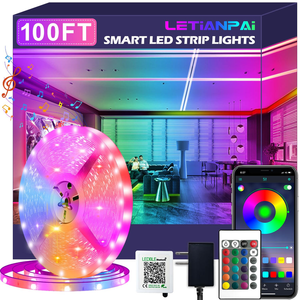 Letianpai 100ft LED strip lights long roll for expansive room illumination