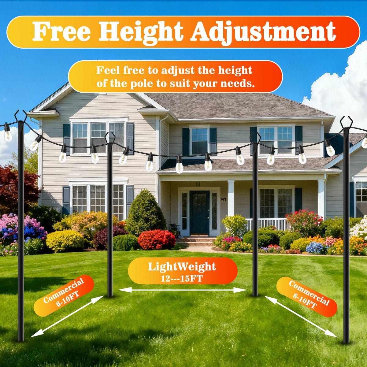 Multipurpose poles for banners, lanterns, and seasonal decor.