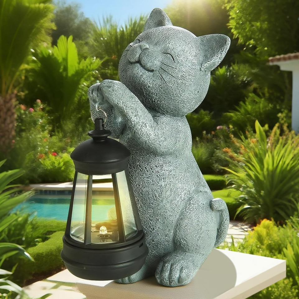 LETITIN solar cat garden statue with LED light provides subtle night illumination for garden pathways