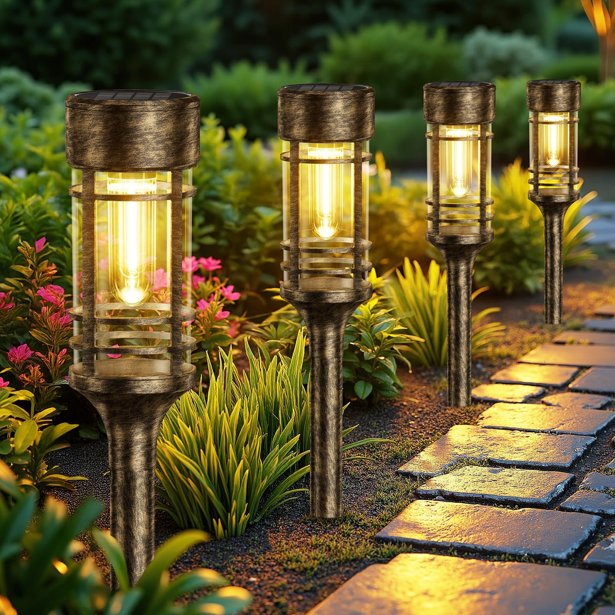 LETMY brown solar pathway light on ground provides warm garden illumination all night.