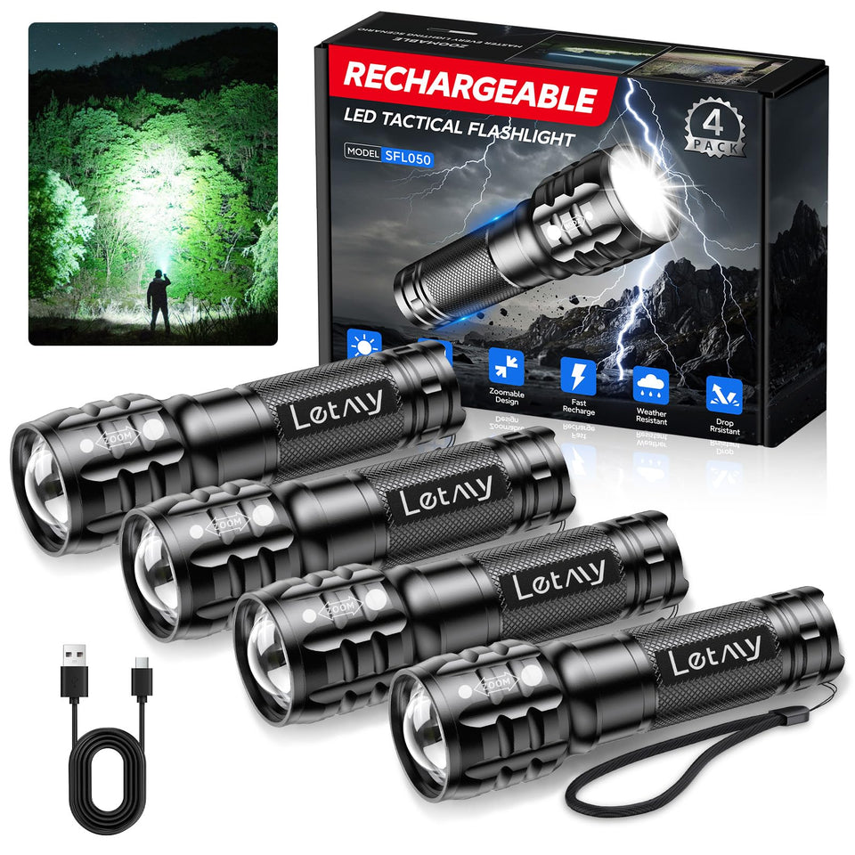 LETMY four-pack flashlights in box, ready for home and outdoor use.