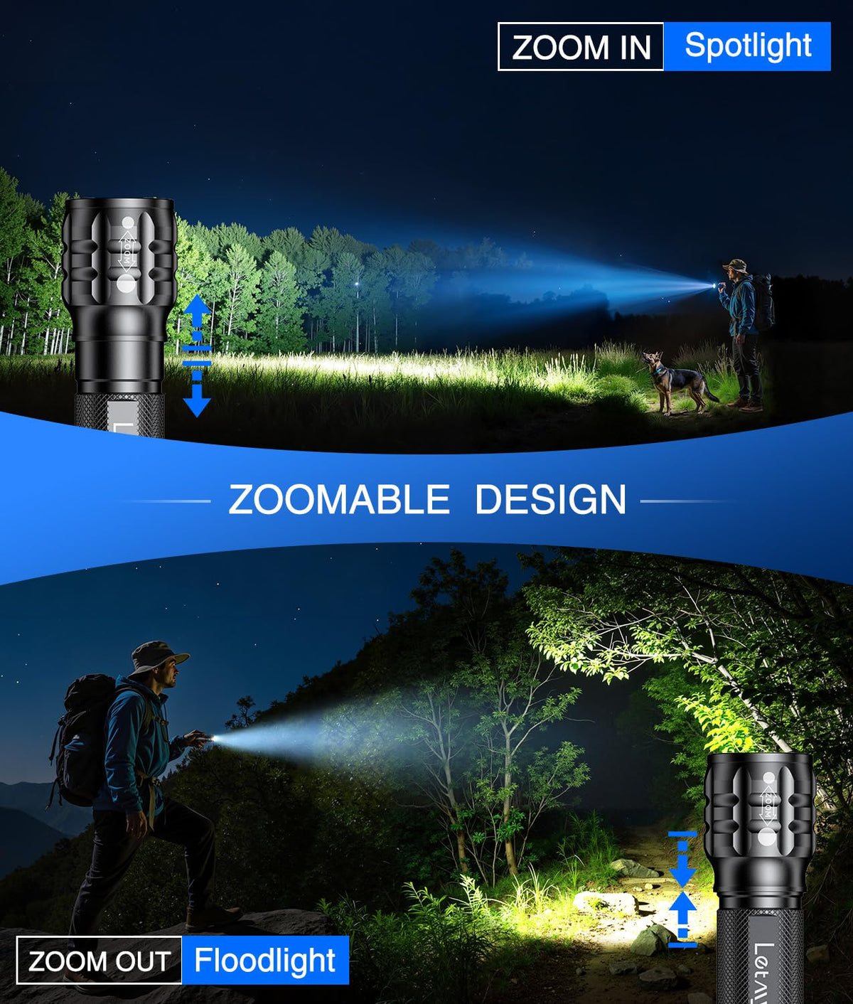 LETMY LED flashlight showing three modes for easy control.