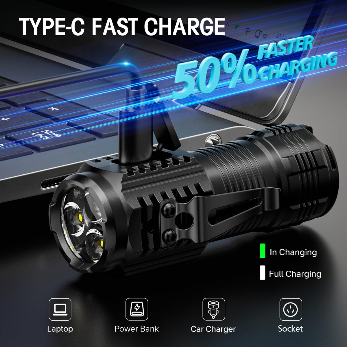 LETMY mini flashlight shown charging via USB-C for quick, convenient recharging.