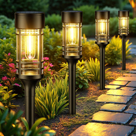 LETMY solar pathway lights 8-pack illuminate a garden walkway with warm glow