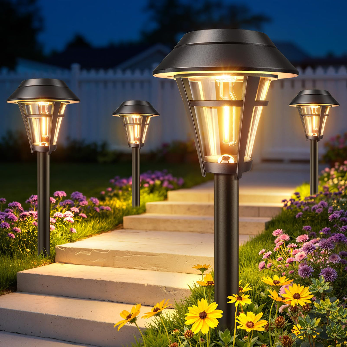 LETMY solar pathway lights round tower lamp design enhances curb appeal and nighttime safety.