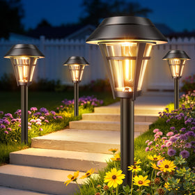 LETMY solar pathway lights round tower lamp design enhances curb appeal and nighttime safety.