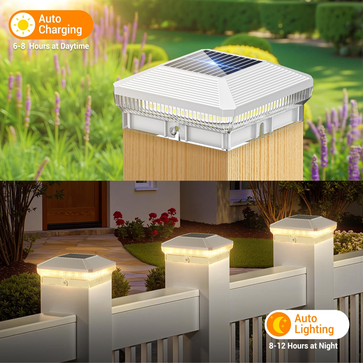 Large solar panel on Letmy lights charges quickly for longer nightly illumination.