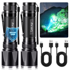 LETMY two-pack rechargeable flashlights illuminate outdoor spaces for camping or power outages.