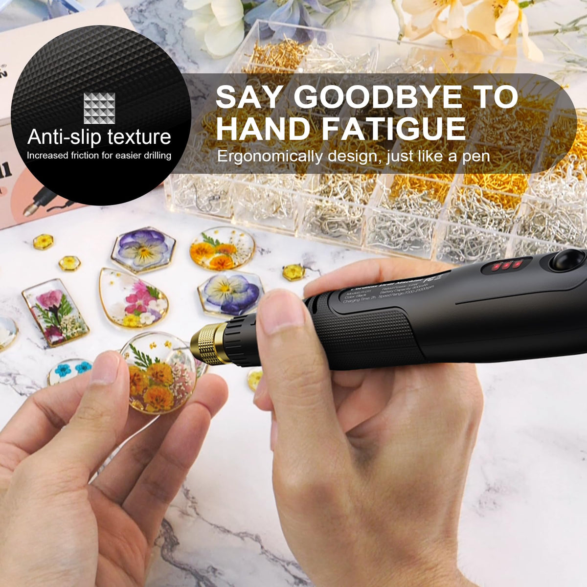 LET'S RESIN cordless drill with 900mAh battery and quick 2-hour charging for extended crafting sessions.