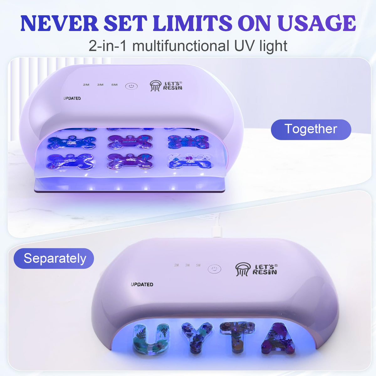 LET'S RESIN UV Light timer options shown for 2, 3, and 5 minutes.