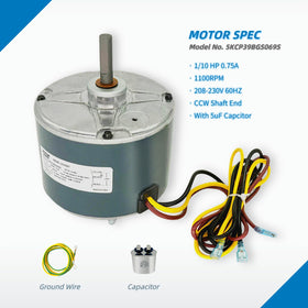 LEUNGOO condenser fan motor includes 5MFD capacitor for easy installation.