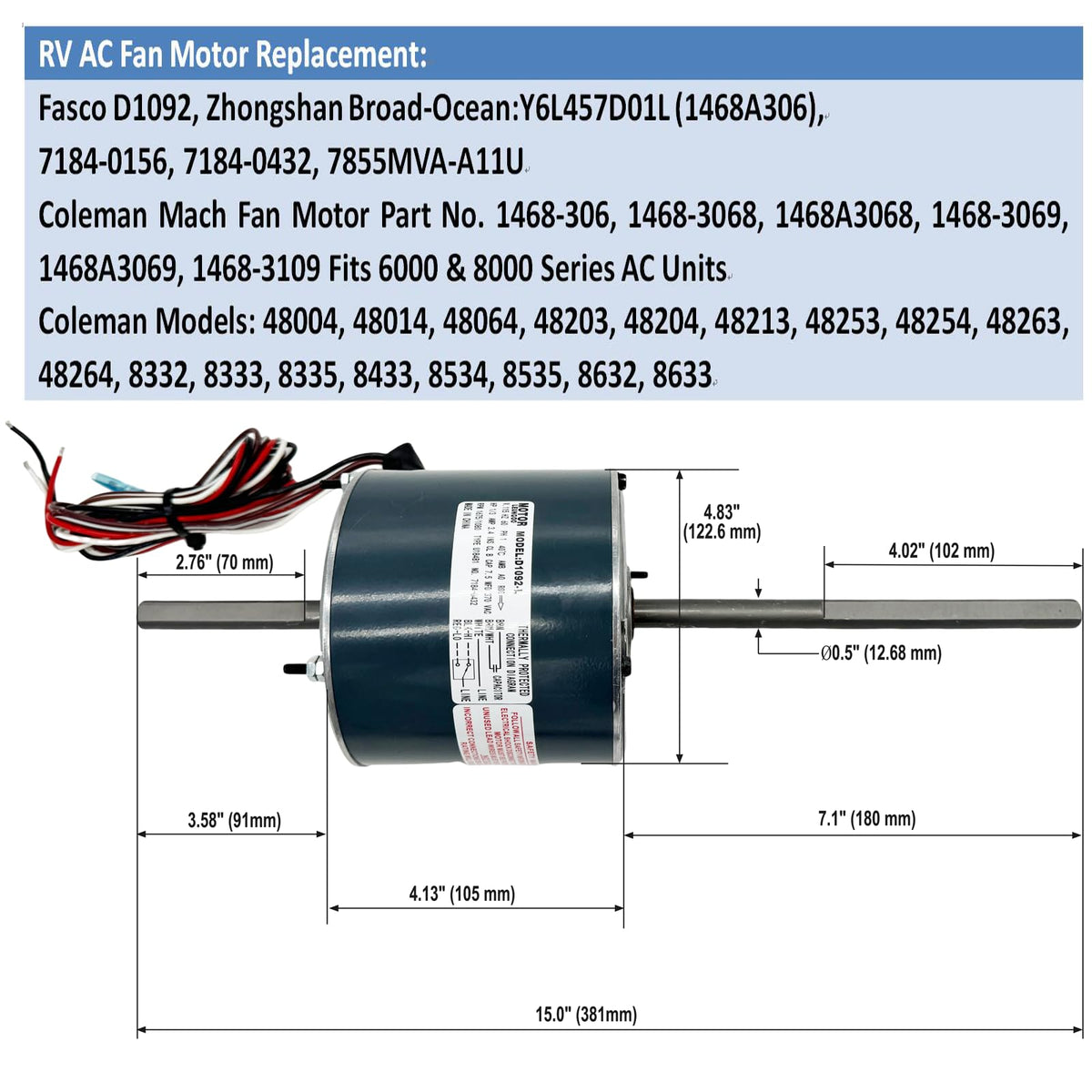 LEUNGOO RV AC fan motor with 2-speed wiring option